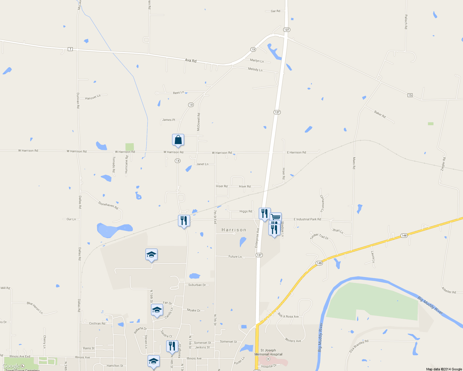map of restaurants, bars, coffee shops, grocery stores, and more near 99 Black Oak Drive in Murphysboro
