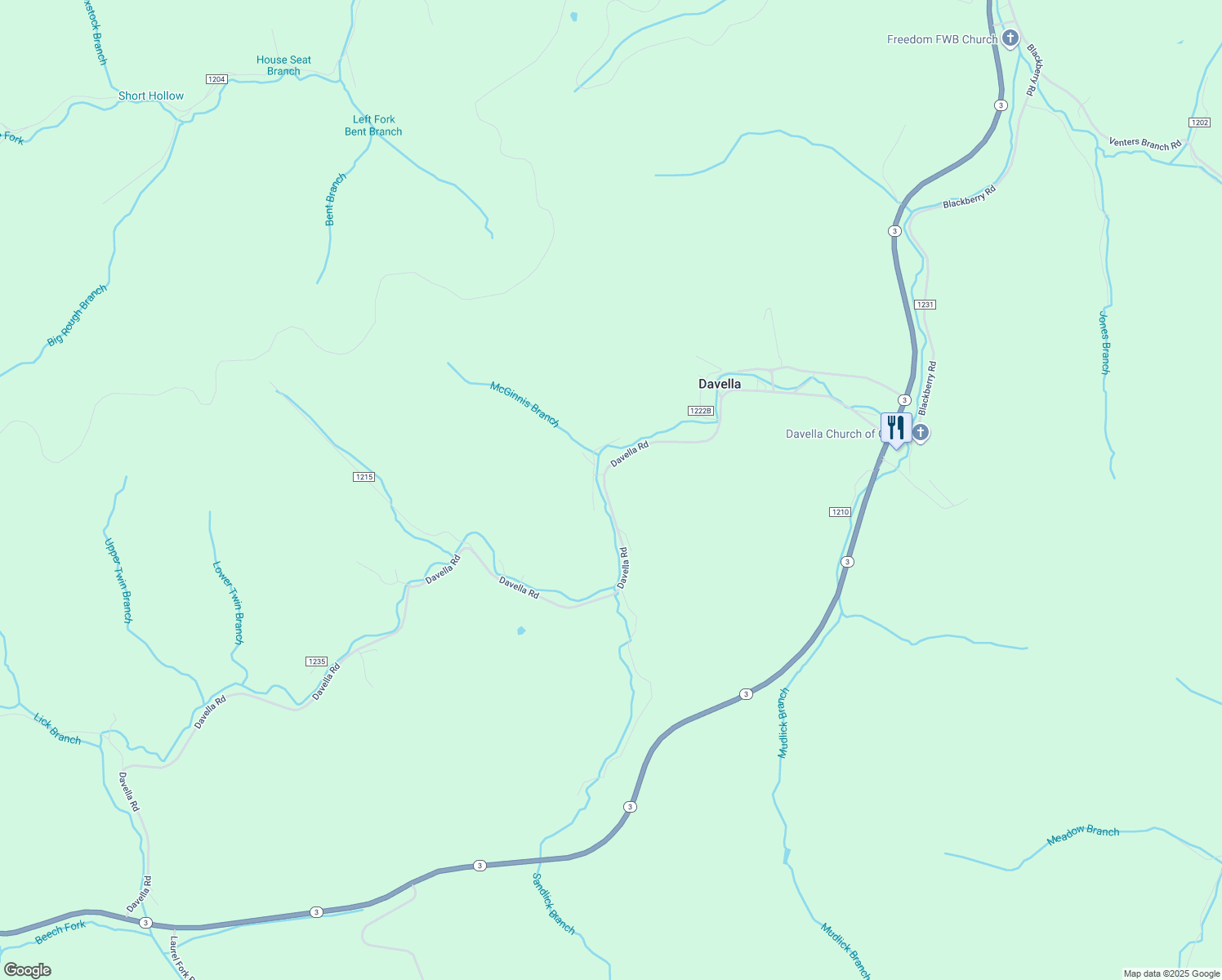 map of restaurants, bars, coffee shops, grocery stores, and more near 1047 Davella Road in Debord