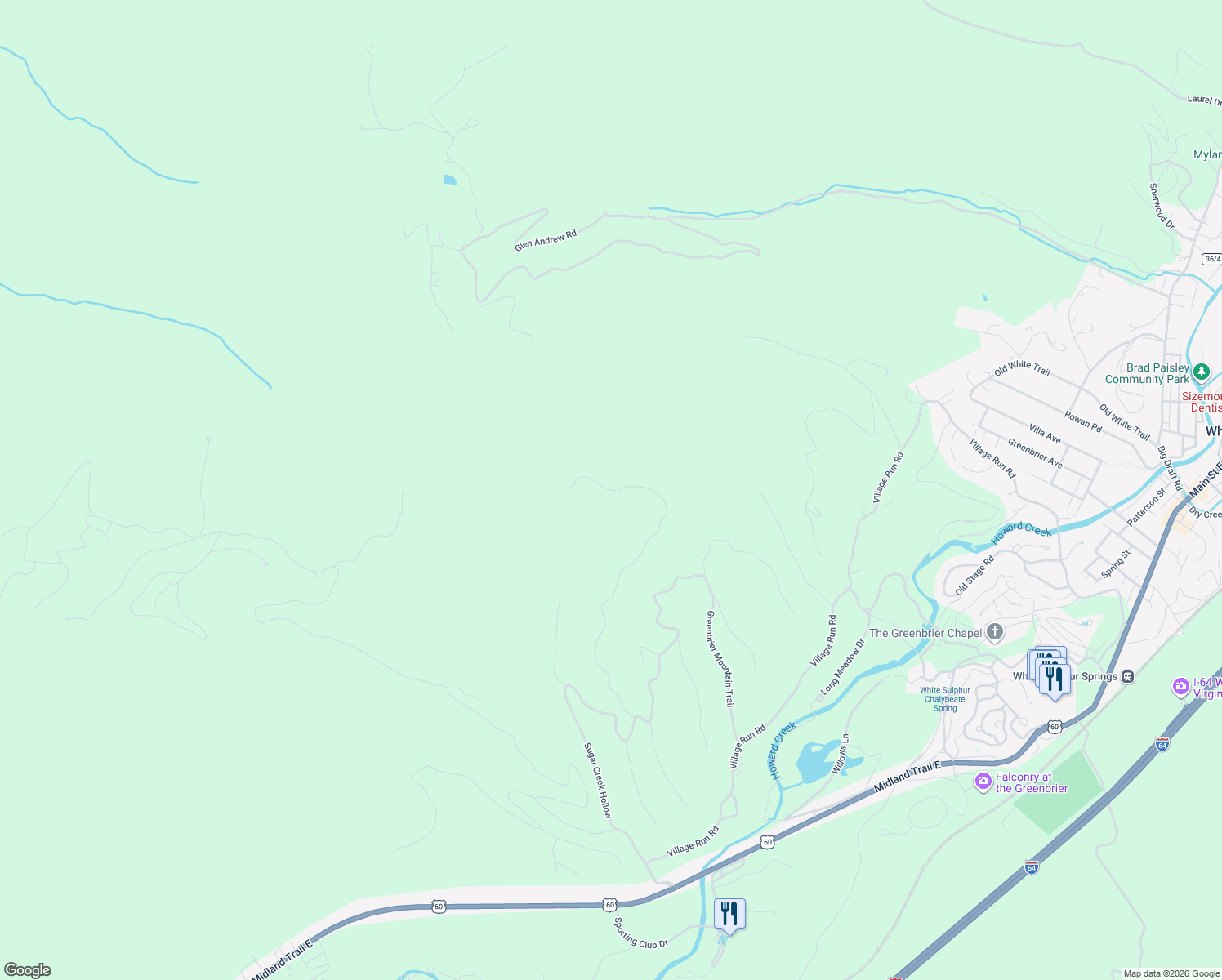 map of restaurants, bars, coffee shops, grocery stores, and more near 1050 Wilson Ridge in White Sulphur Springs