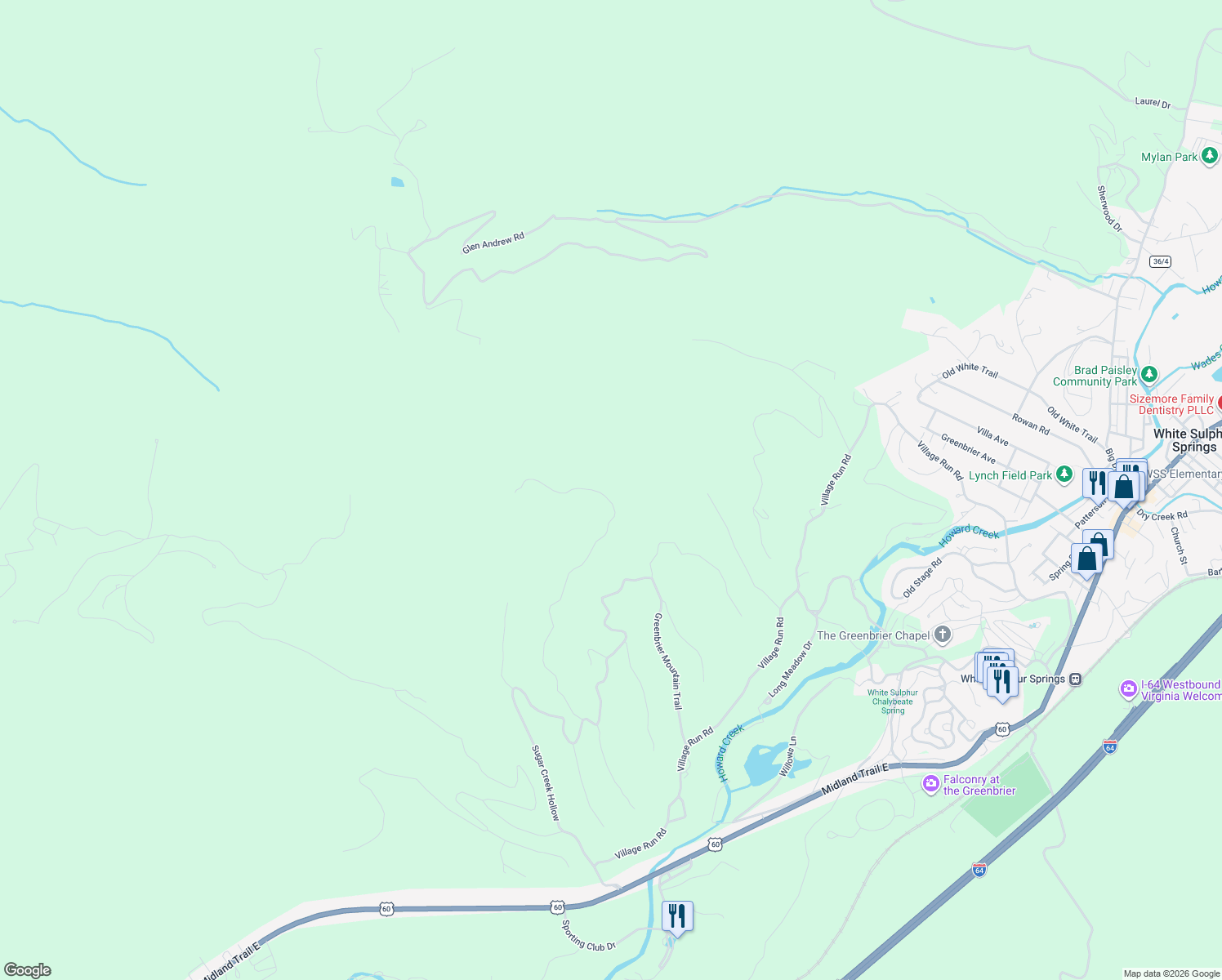 map of restaurants, bars, coffee shops, grocery stores, and more near 880 Wilson Ridge in White Sulphur Springs