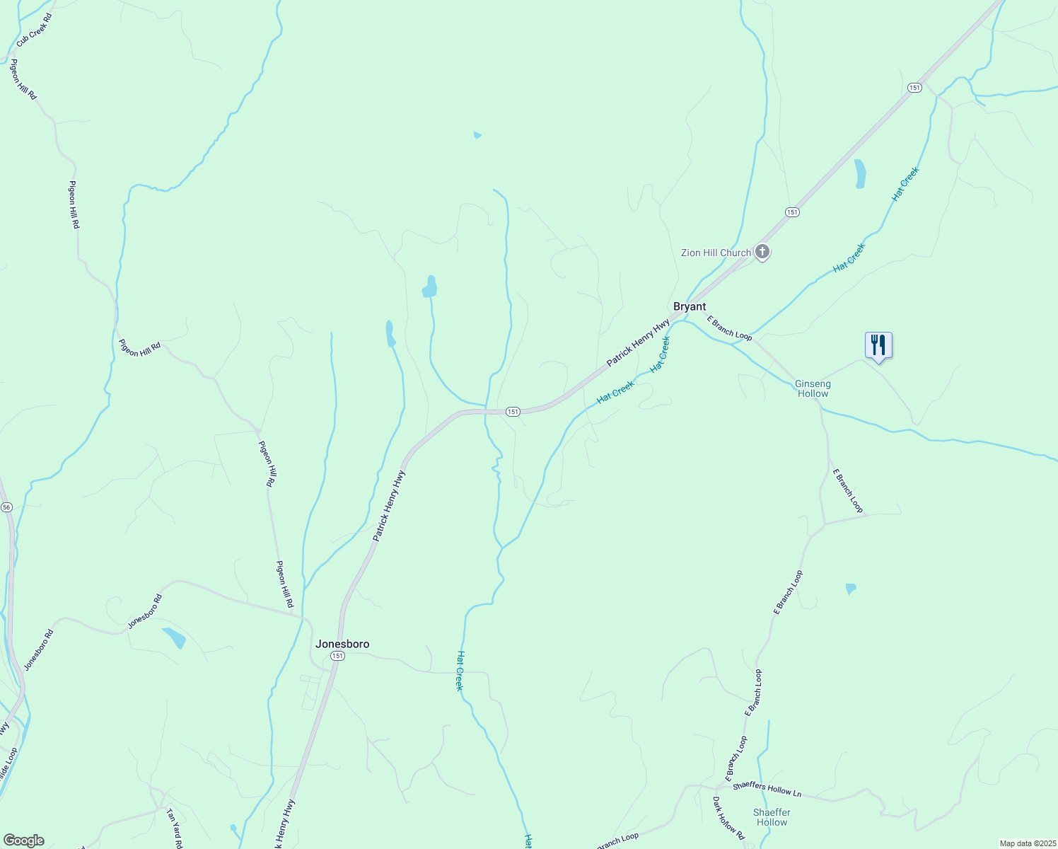 map of restaurants, bars, coffee shops, grocery stores, and more near 10398 Patrick Henry Highway in Roseland