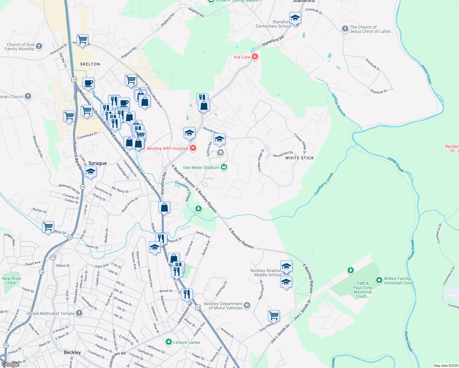 map of restaurants, bars, coffee shops, grocery stores, and more near 56 Osprey Rd in Beckley