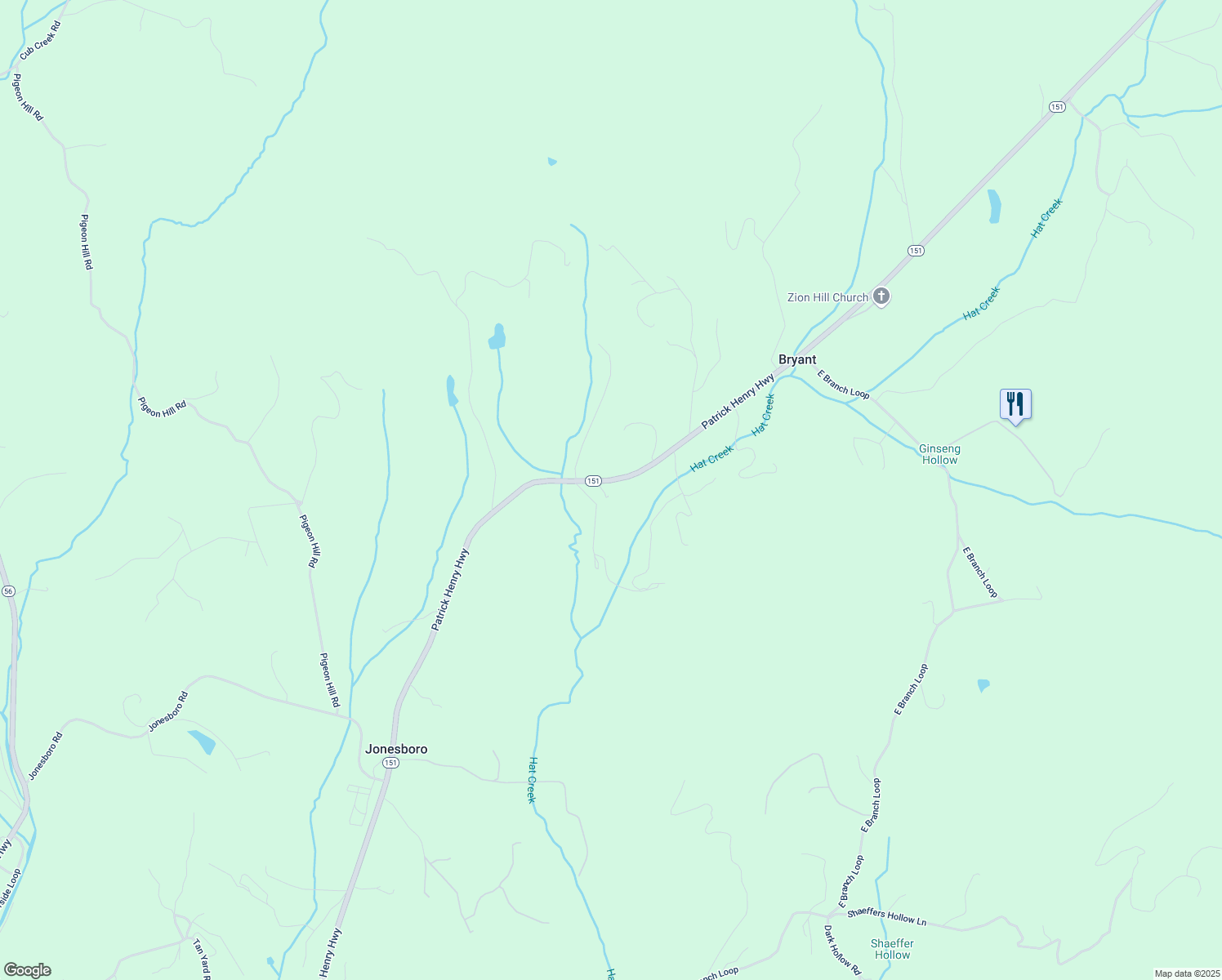 map of restaurants, bars, coffee shops, grocery stores, and more near 10398 Patrick Henry Highway in Roseland