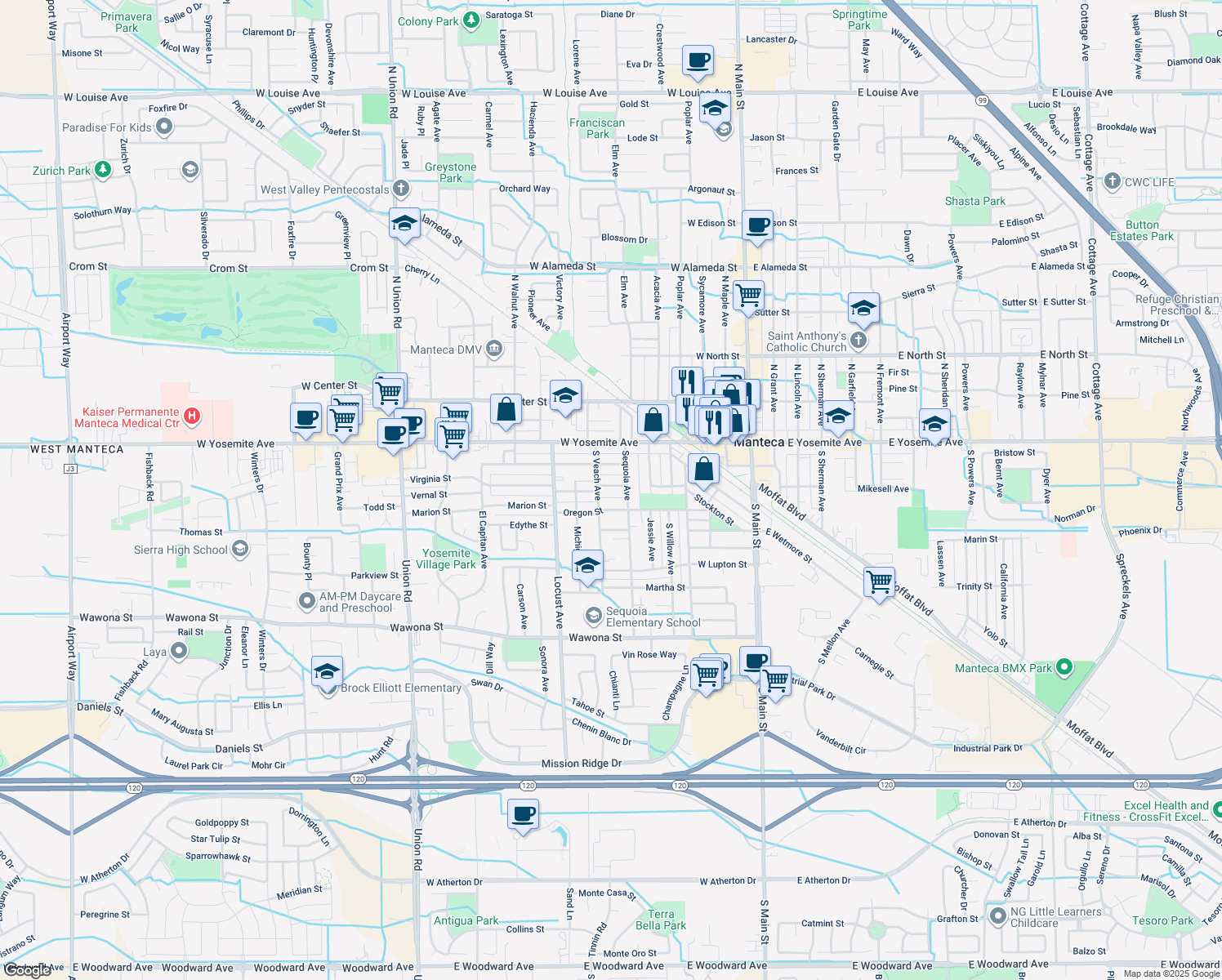 map of restaurants, bars, coffee shops, grocery stores, and more near 618 Virginia Street in Manteca