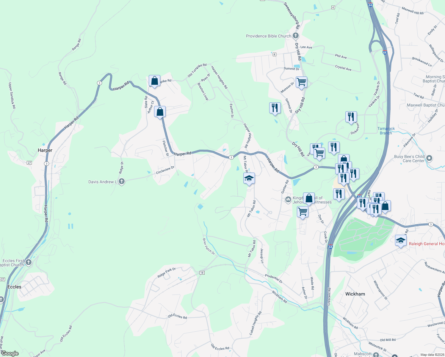 map of restaurants, bars, coffee shops, grocery stores, and more near 117 Peters Dr in Beckley