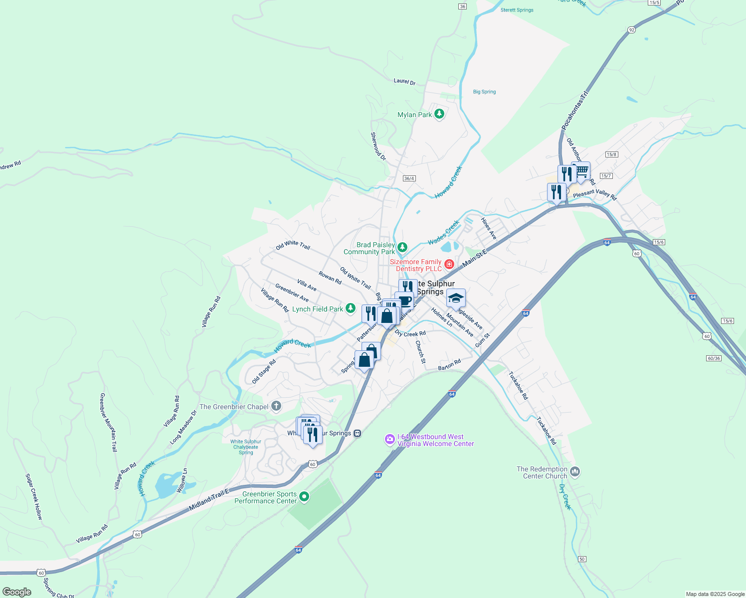 map of restaurants, bars, coffee shops, grocery stores, and more near 120 Rowan Rd in White Sulphur Springs