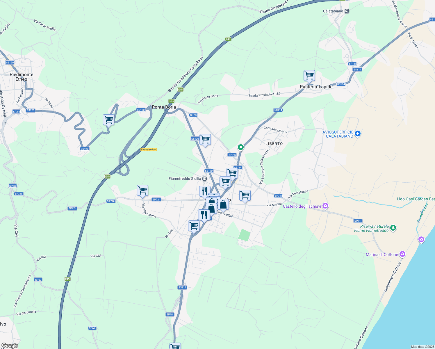 map of restaurants, bars, coffee shops, grocery stores, and more near 56 Via Regina Margherita in Fiumefreddo Sicilia