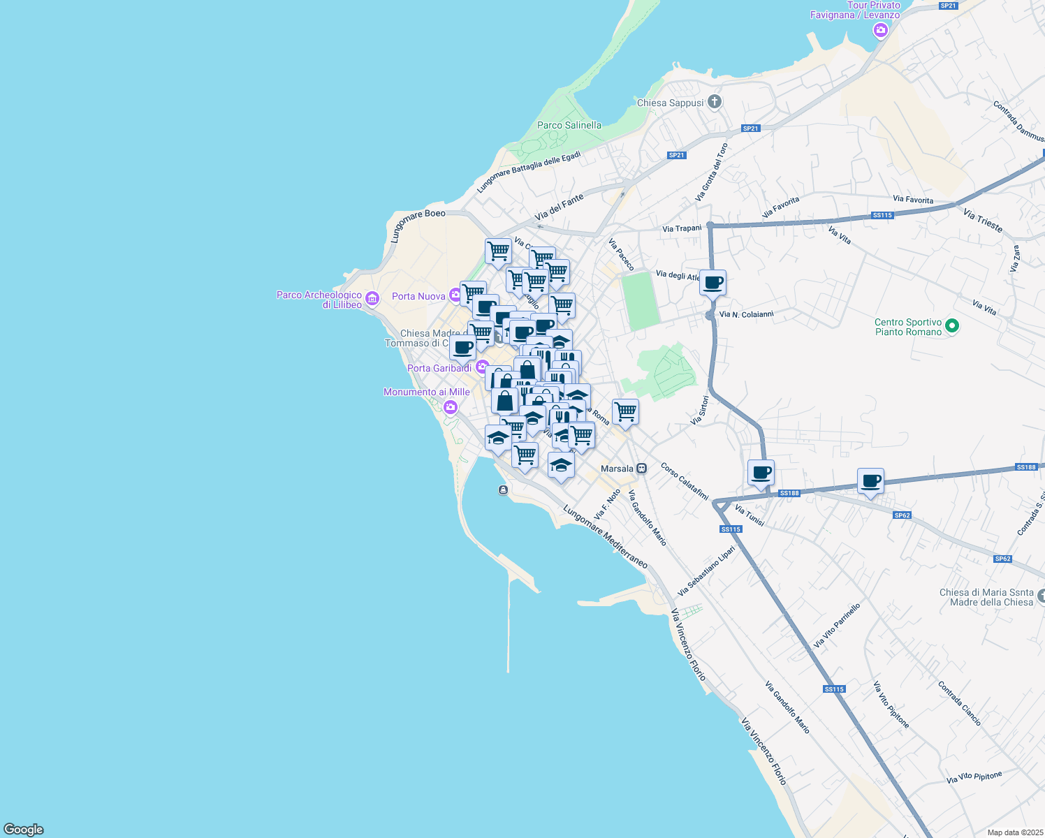 map of restaurants, bars, coffee shops, grocery stores, and more near 38 Via G. Mazzini in Marsala