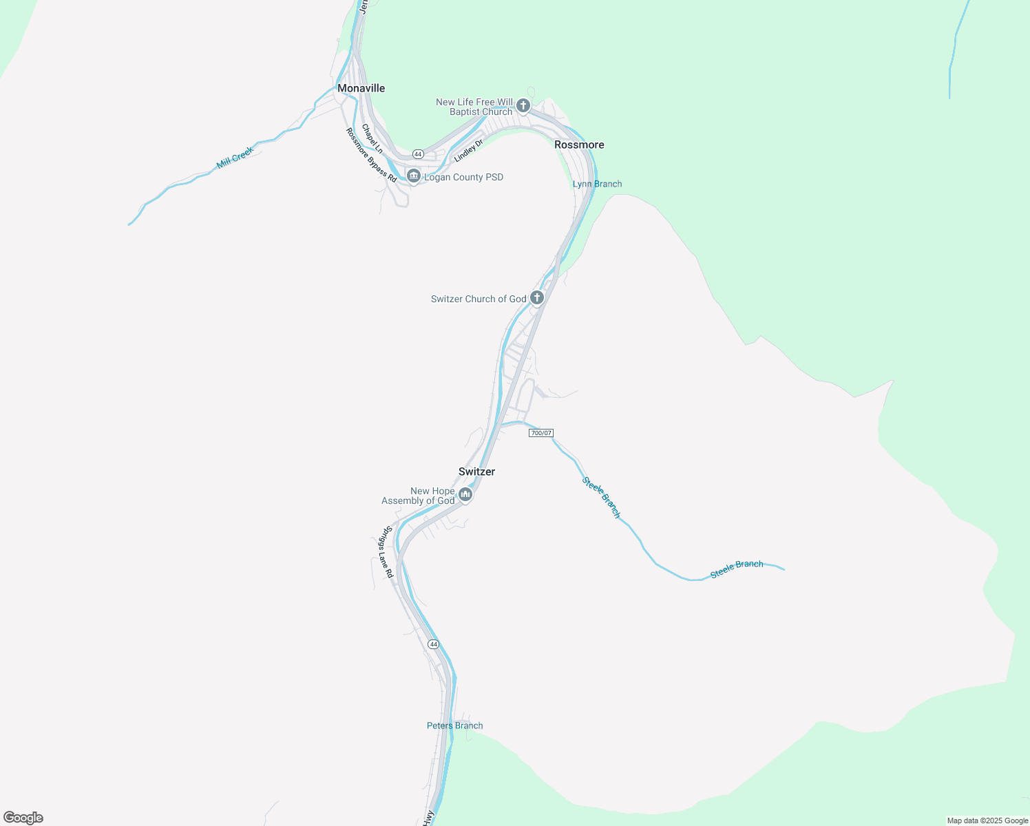 map of restaurants, bars, coffee shops, grocery stores, and more near 46 Steele Hollow Road in Logan