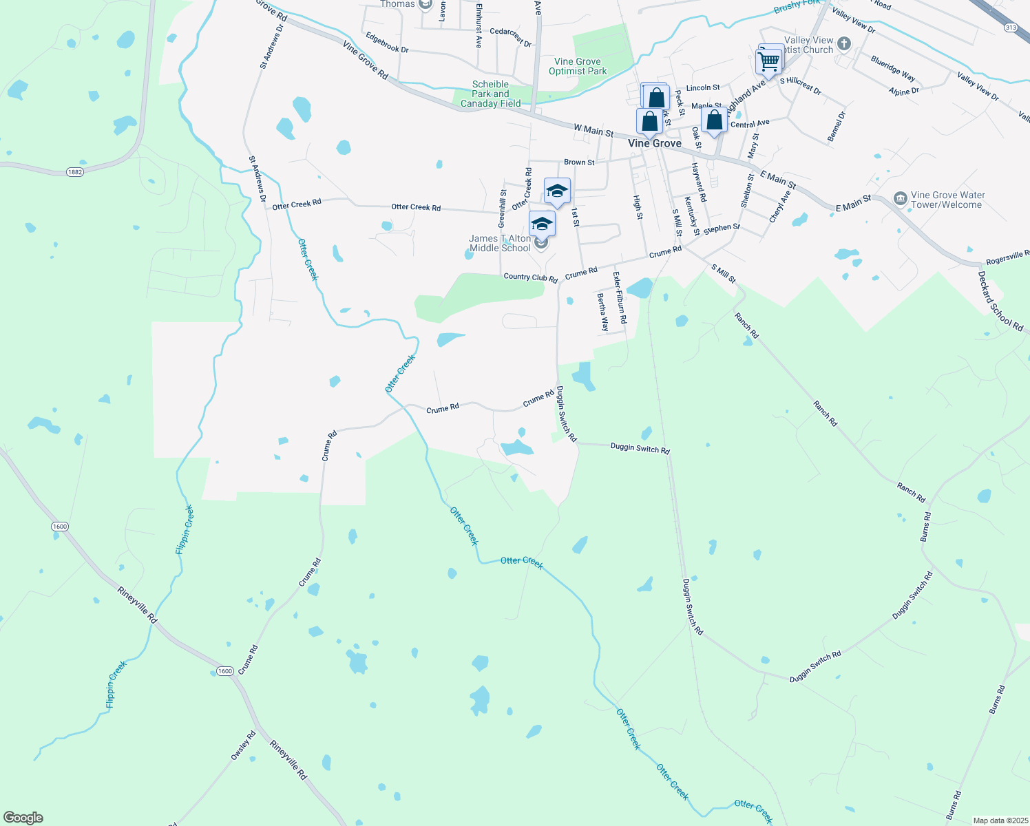map of restaurants, bars, coffee shops, grocery stores, and more near 1256 Crume Rd in Vine Grove