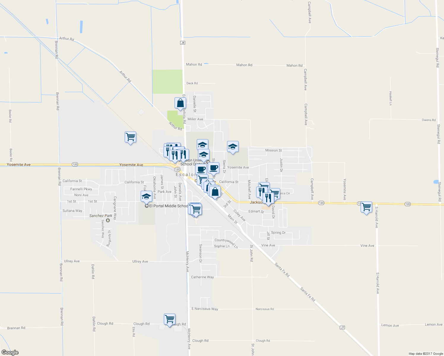 map of restaurants, bars, coffee shops, grocery stores, and more near 1413 Sierra Drive in Escalon