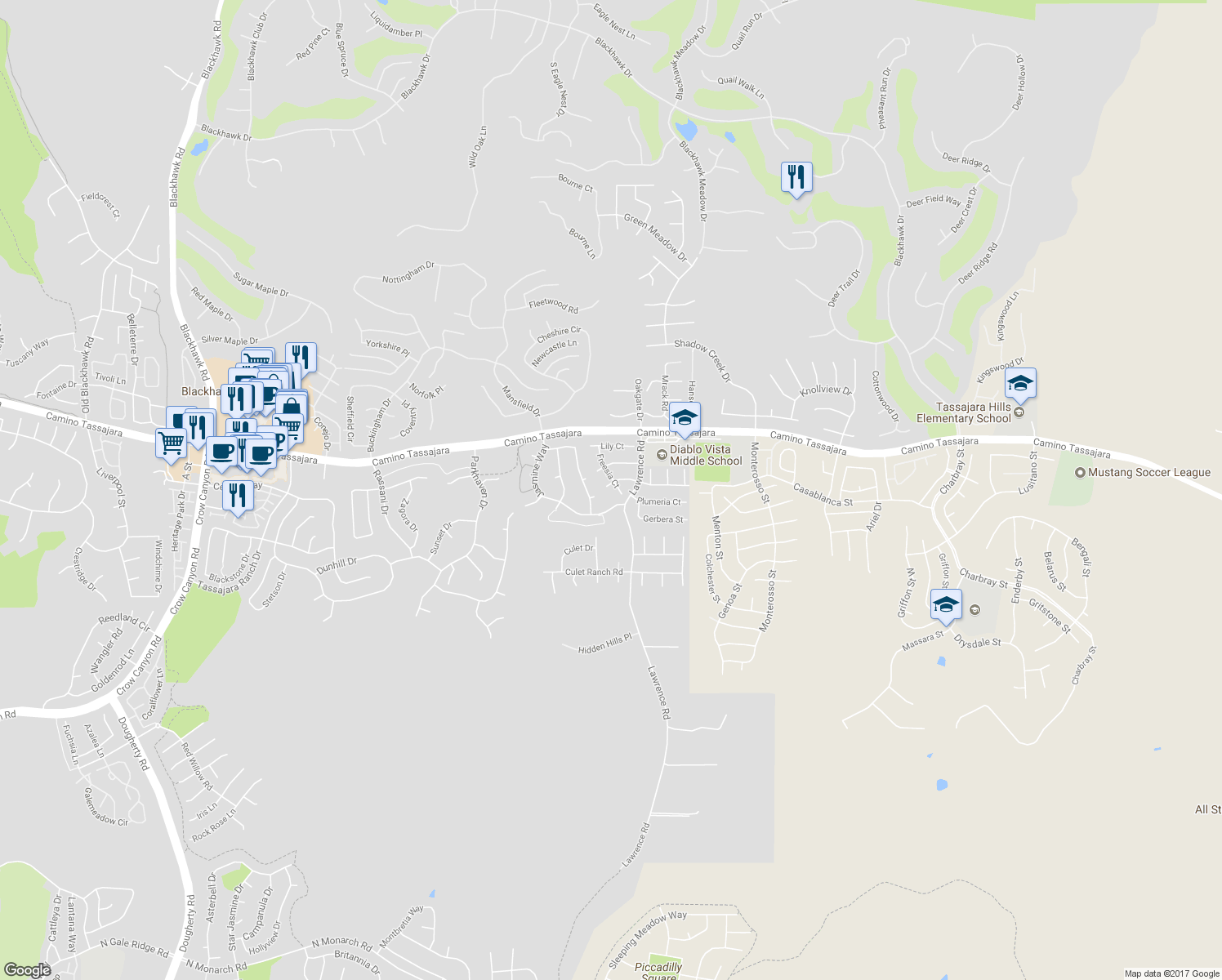 map of restaurants, bars, coffee shops, grocery stores, and more near 77 Casablanca Court in Danville