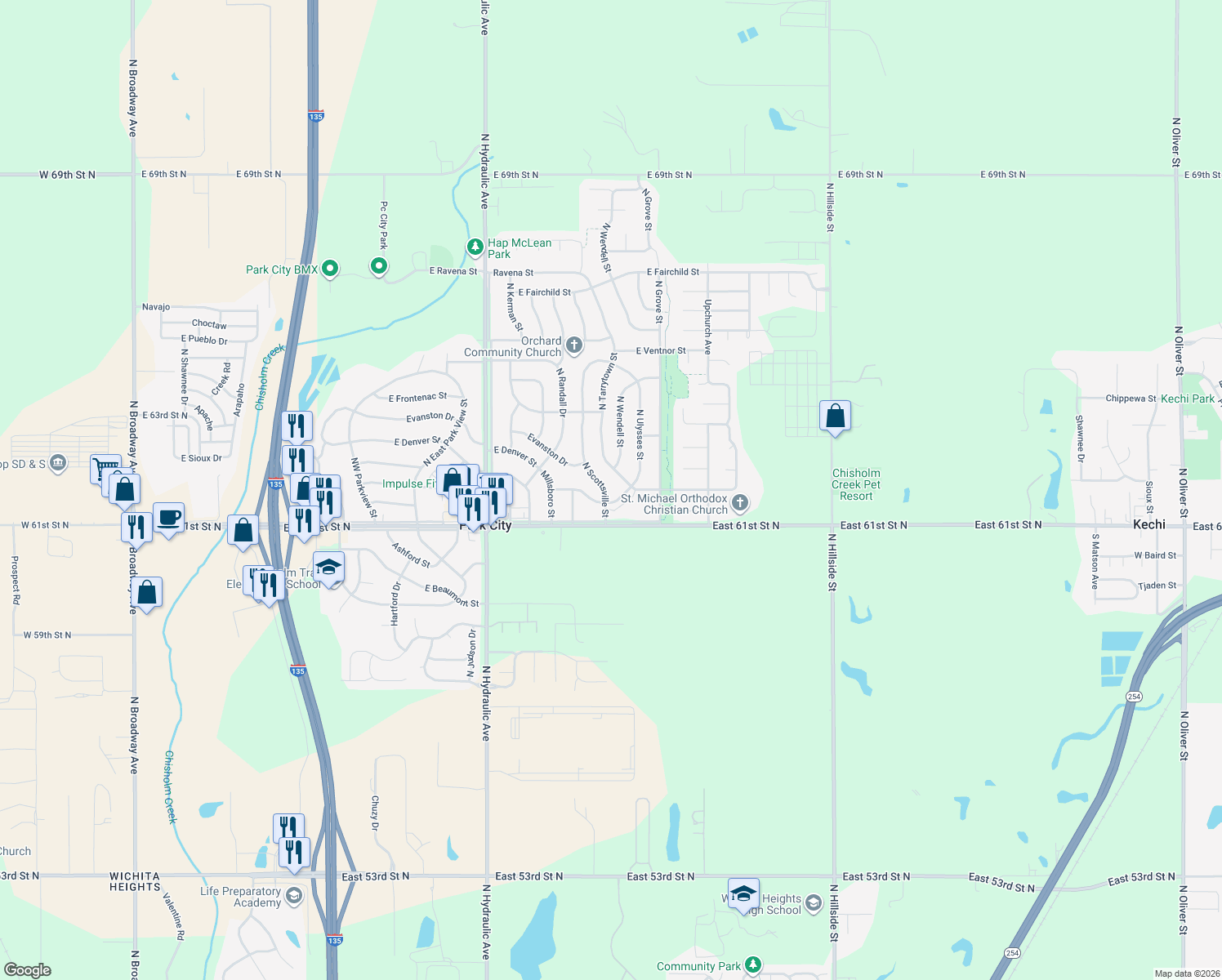 map of restaurants, bars, coffee shops, grocery stores, and more near 6310 N Scottsville St in Park City