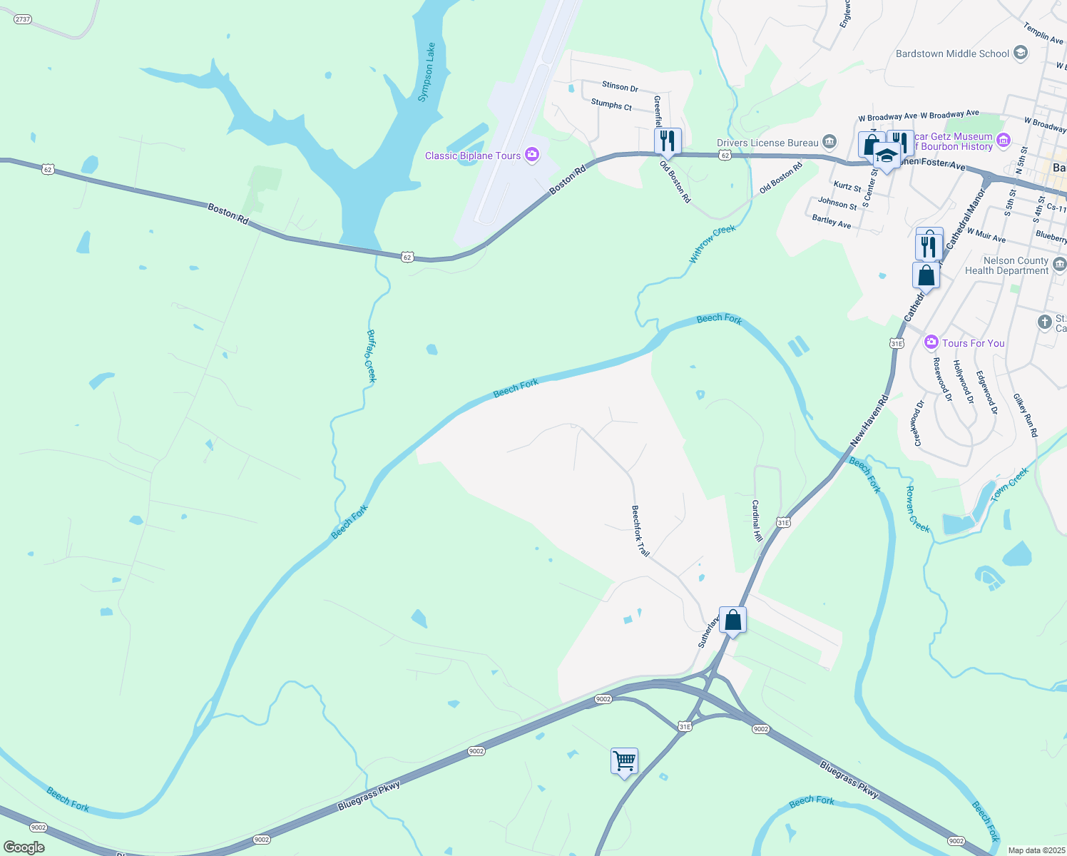 map of restaurants, bars, coffee shops, grocery stores, and more near Beechfork Trail in Bardstown