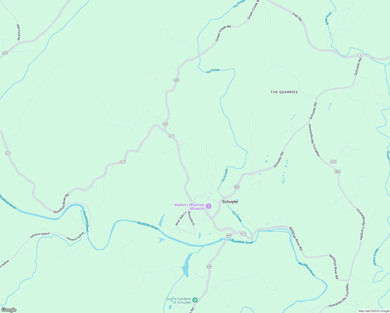map of restaurants, bars, coffee shops, grocery stores, and more near 217 Down Hill Lane in Schuyler
