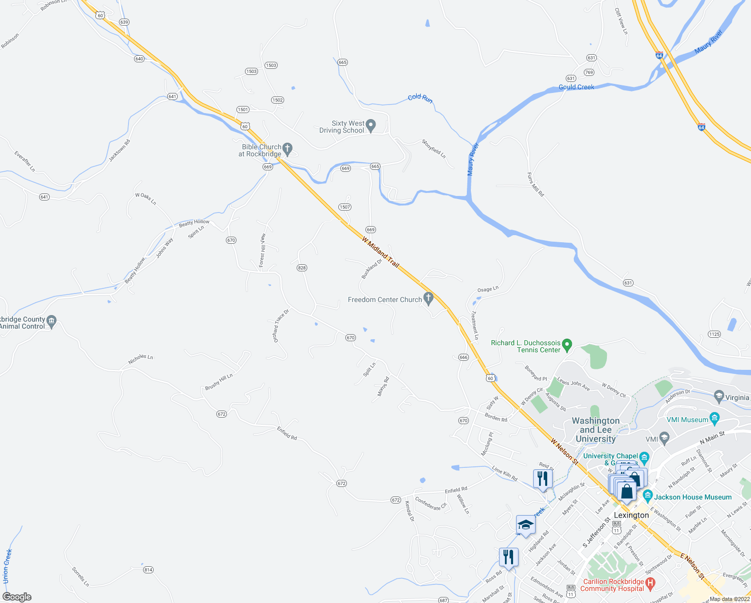 map of restaurants, bars, coffee shops, grocery stores, and more near Buckland Drive in Lexington