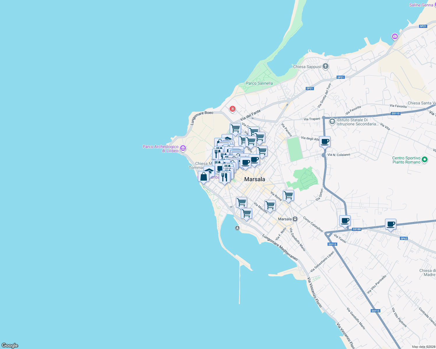 map of restaurants, bars, coffee shops, grocery stores, and more near 34 Via San Lorenzo in Marsala
