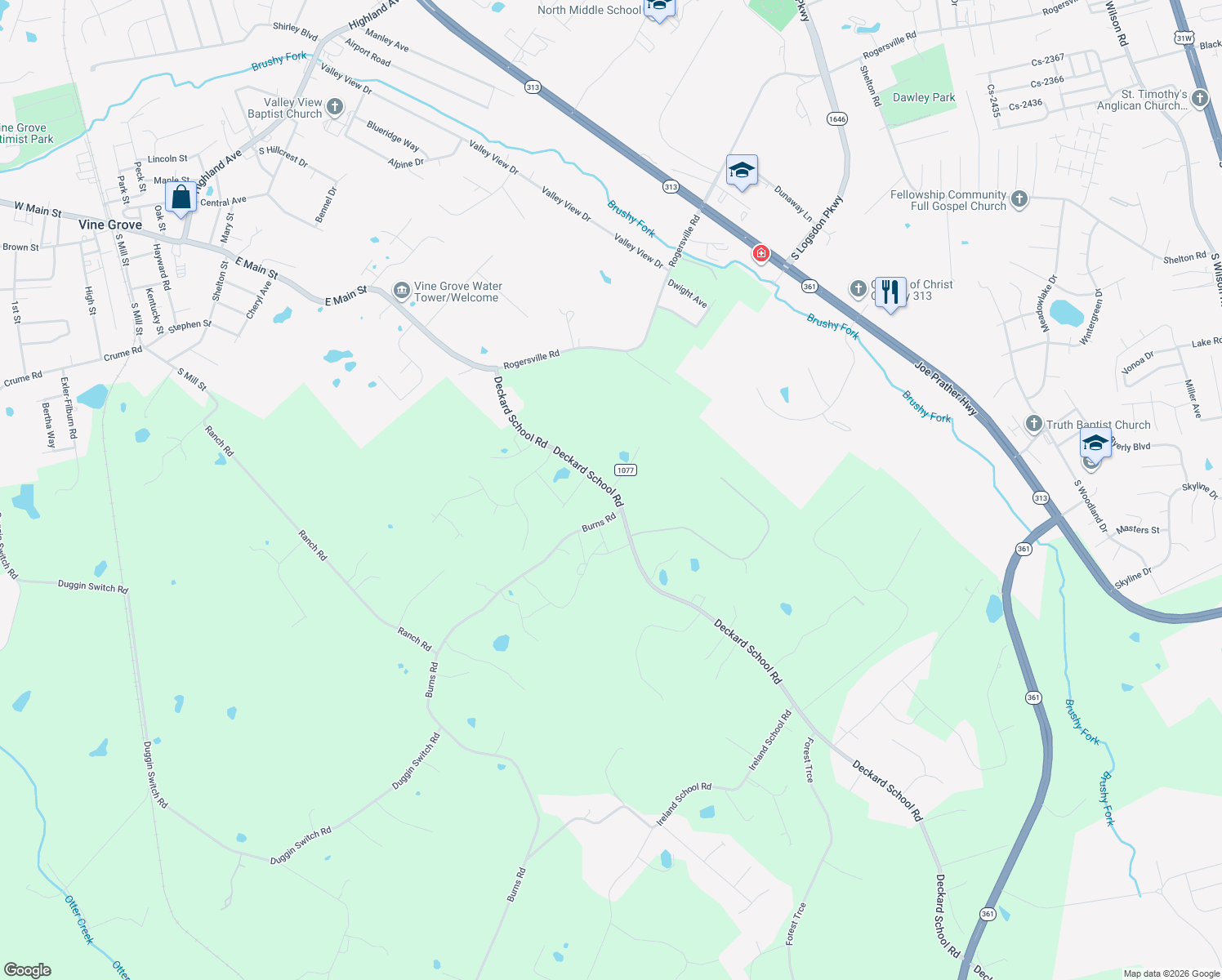 map of restaurants, bars, coffee shops, grocery stores, and more near 4319 Deckard School Rd in Vine Grove