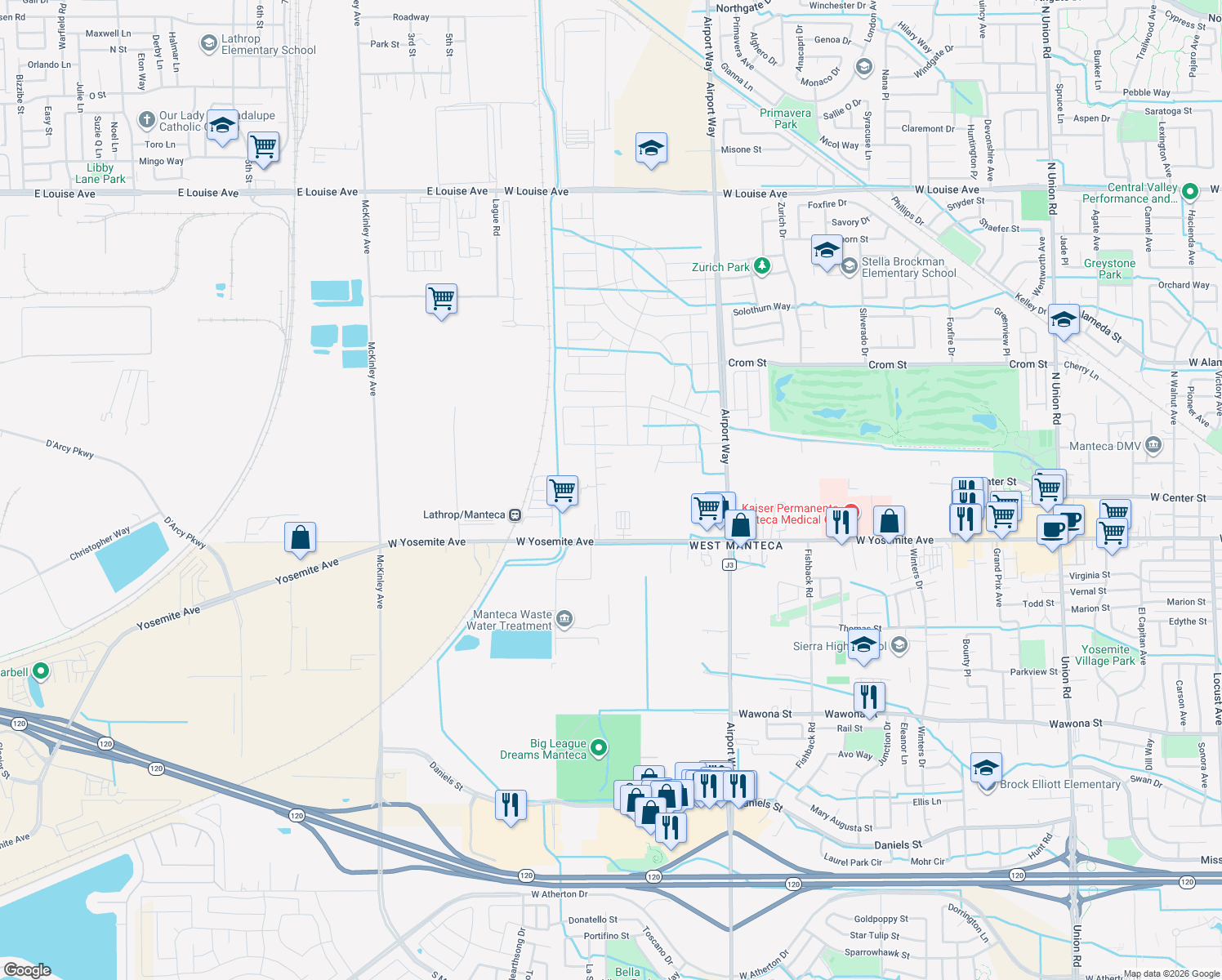 map of restaurants, bars, coffee shops, grocery stores, and more near 218 Swanson Road in Manteca
