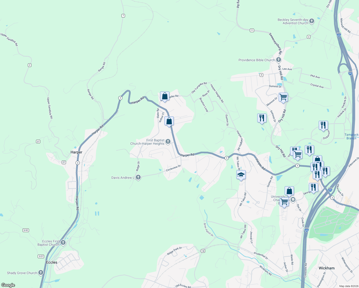 map of restaurants, bars, coffee shops, grocery stores, and more near 2752 Daisy Ln in Beckley
