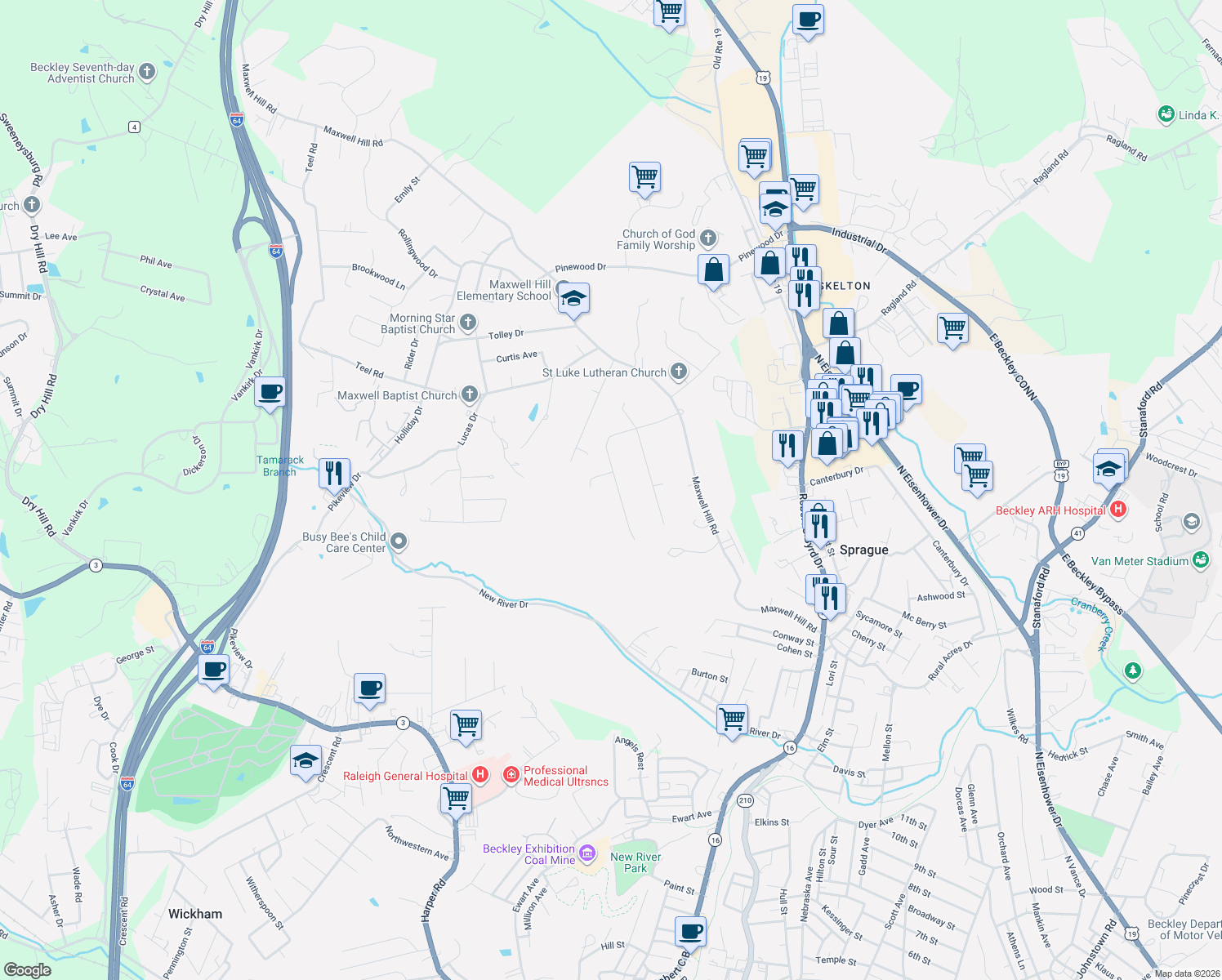 map of restaurants, bars, coffee shops, grocery stores, and more near 515 North Lilly Drive in Beckley
