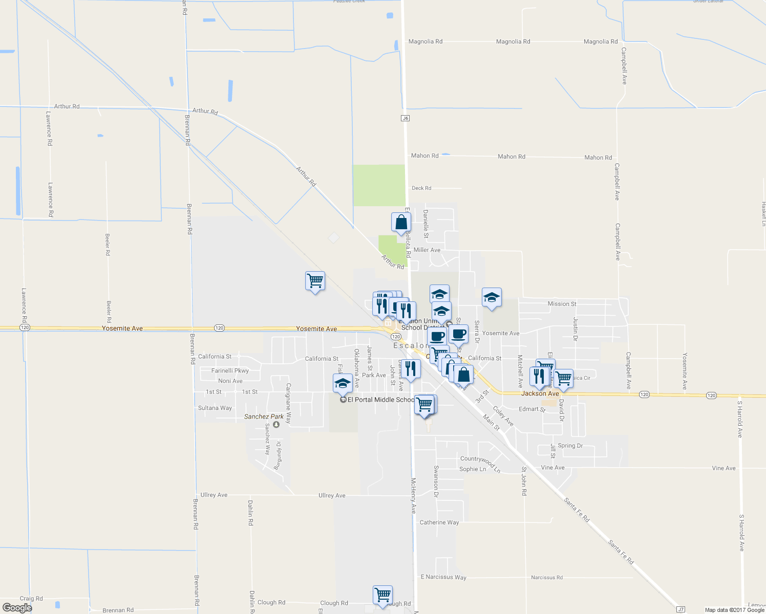 map of restaurants, bars, coffee shops, grocery stores, and more near 1122 San Miguel Street in Escalon