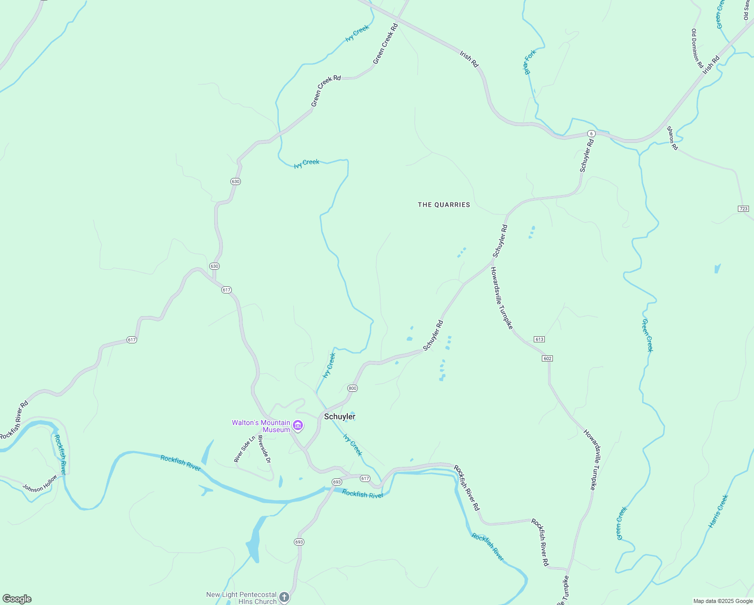 map of restaurants, bars, coffee shops, grocery stores, and more near 301 Gold Mine Lane in Schuyler