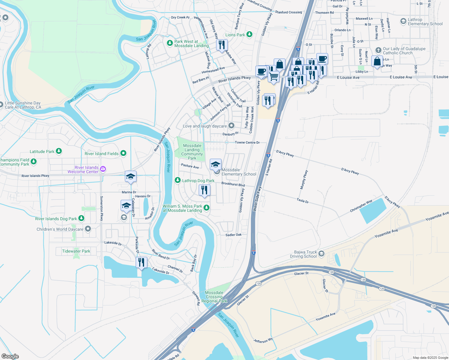 map of restaurants, bars, coffee shops, grocery stores, and more near 17673 Water Mill Street in Lathrop