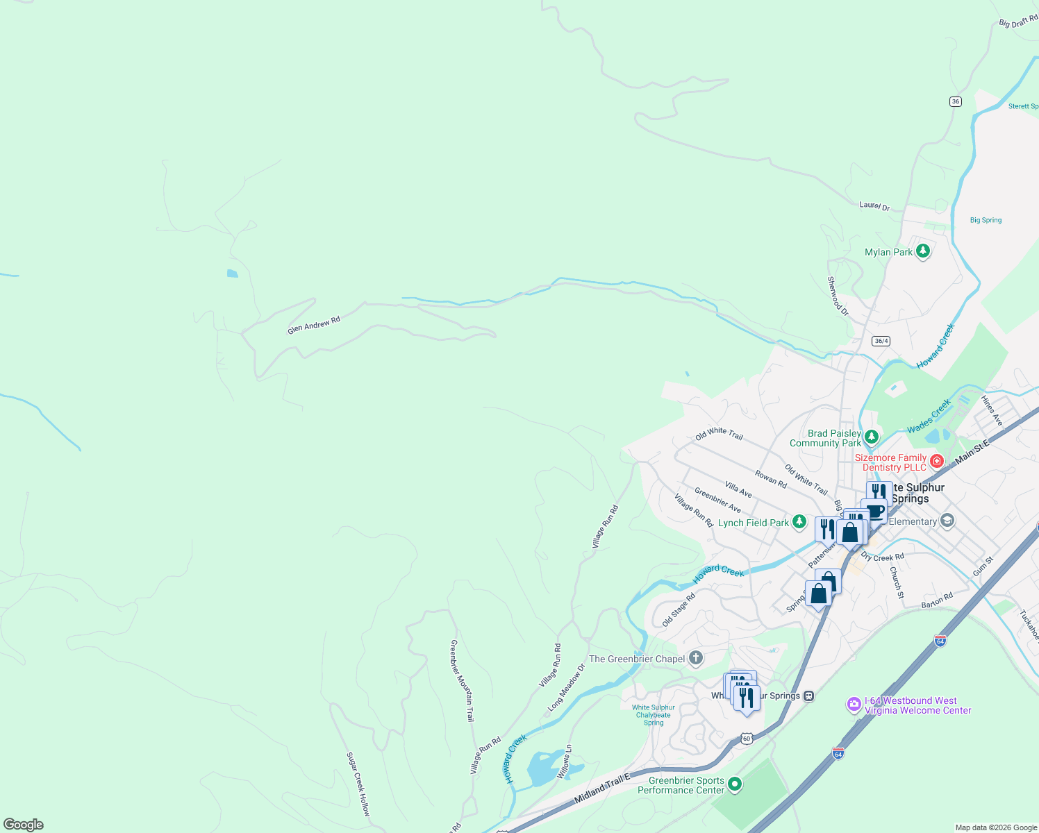 map of restaurants, bars, coffee shops, grocery stores, and more near 3289 Glen Andrew Road in White Sulphur Springs