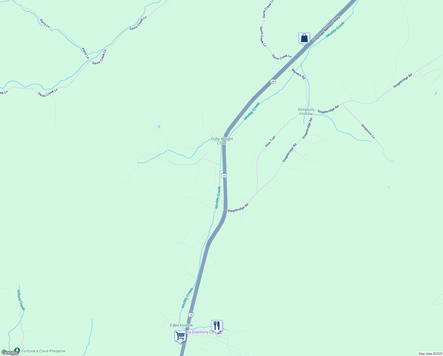 map of restaurants, bars, coffee shops, grocery stores, and more near 12151 Thomas Nelson Highway in Lovingston