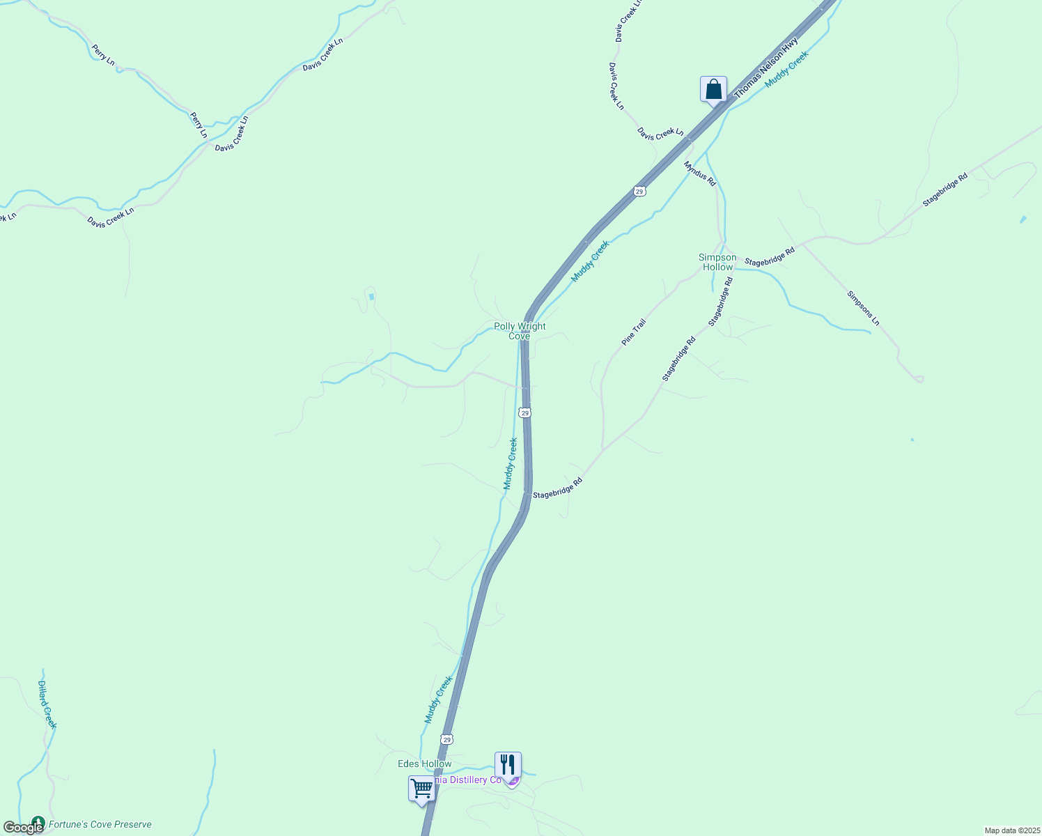 map of restaurants, bars, coffee shops, grocery stores, and more near 12151 Thomas Nelson Highway in Lovingston