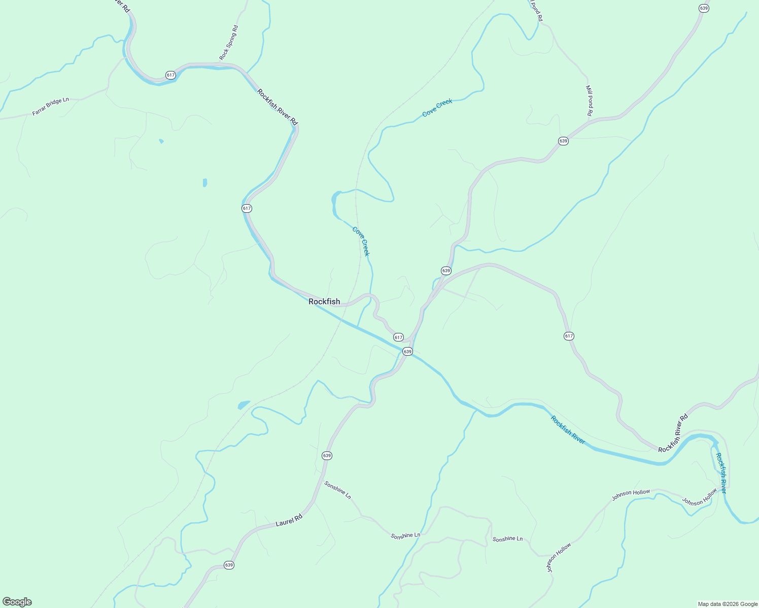 map of restaurants, bars, coffee shops, grocery stores, and more near 10875-10979 Rockfish River Road in Faber