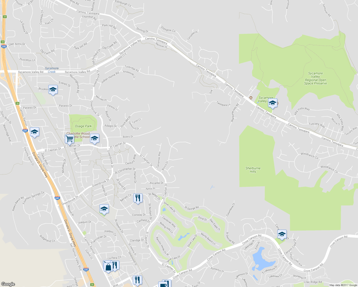 map of restaurants, bars, coffee shops, grocery stores, and more near 372 Borica Drive in Danville