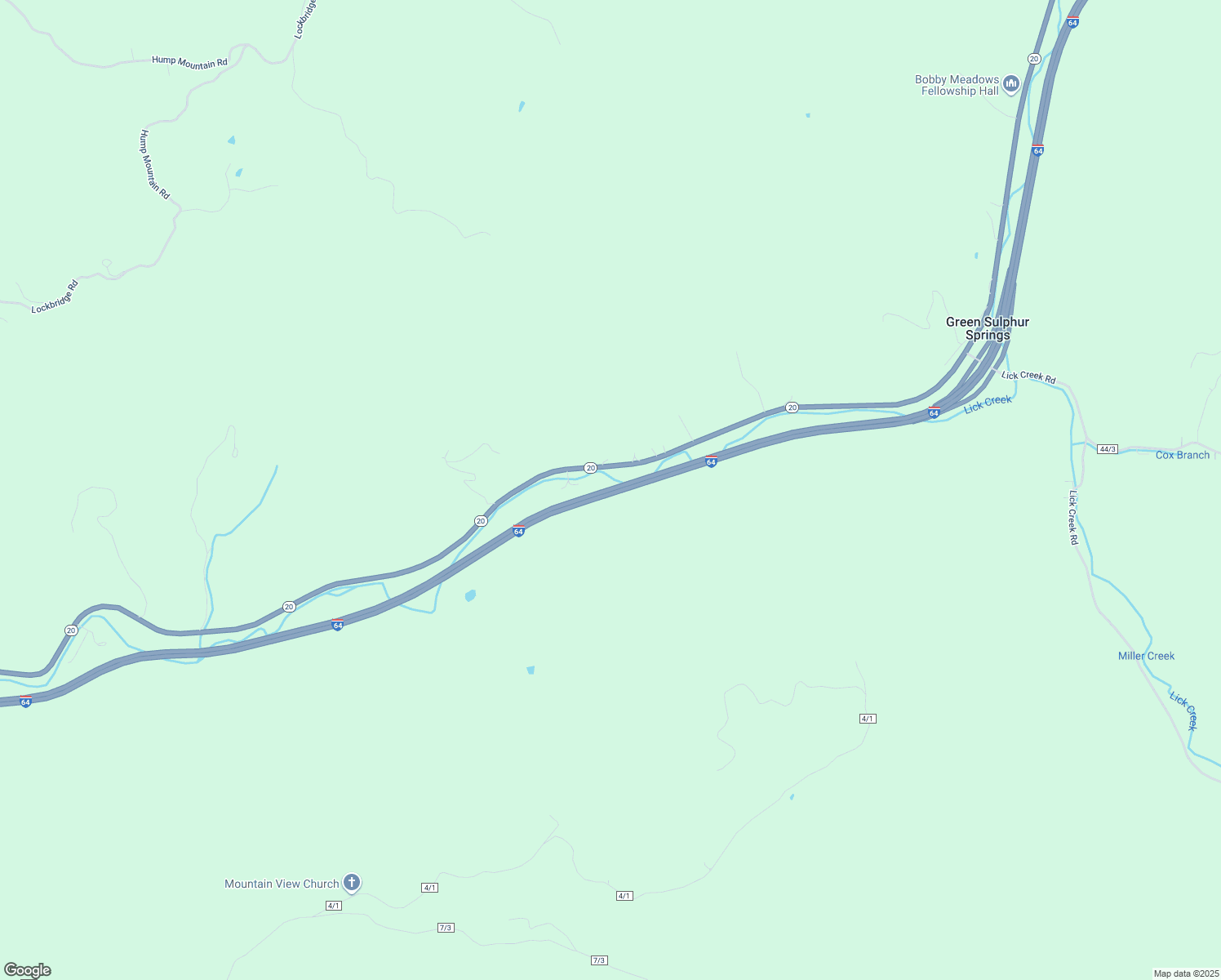 map of restaurants, bars, coffee shops, grocery stores, and more near Interstate 64 in Meadow Bridge