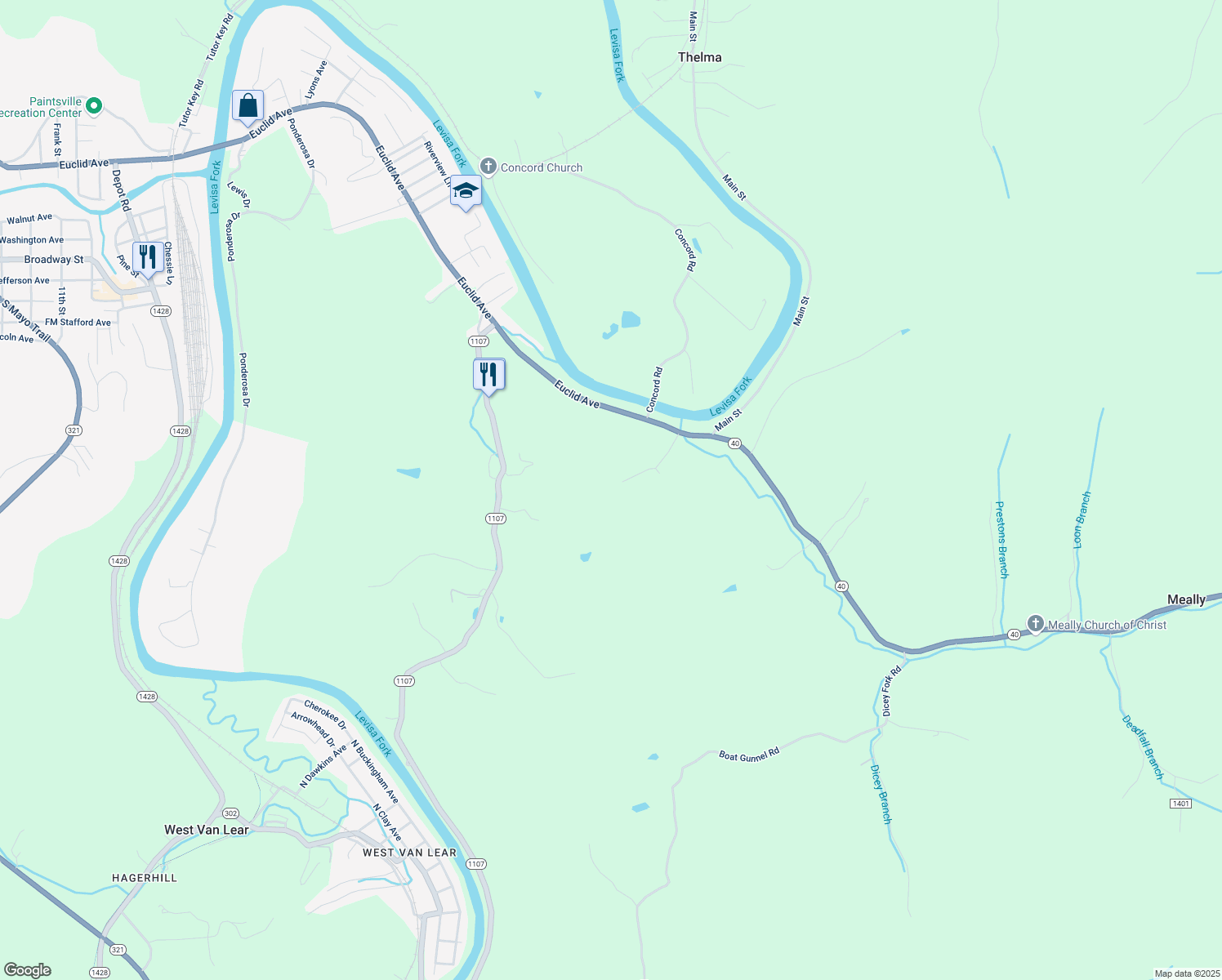 map of restaurants, bars, coffee shops, grocery stores, and more near 265 Woodland Estates in Paintsville