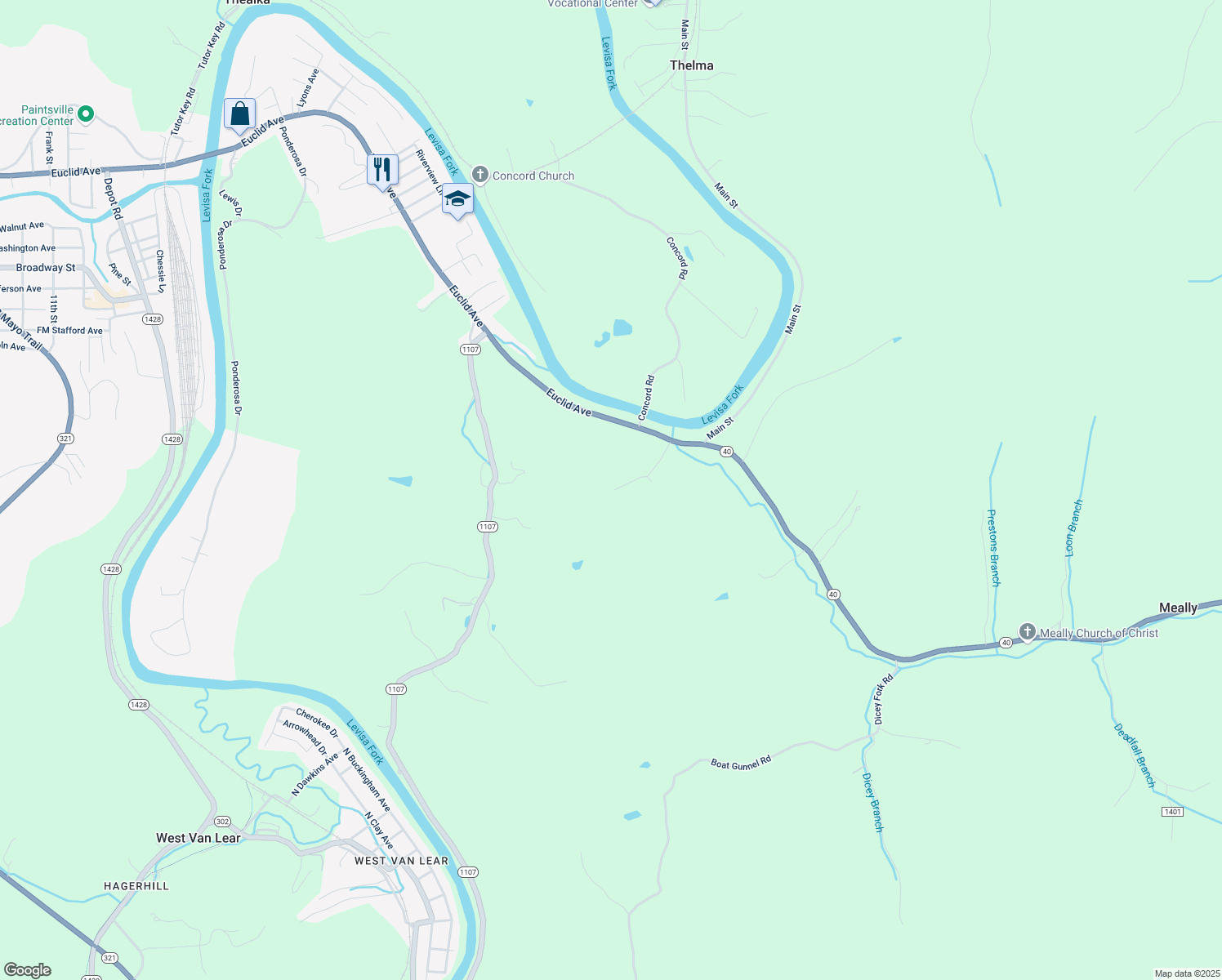 map of restaurants, bars, coffee shops, grocery stores, and more near 265 Woodland Estates in Paintsville