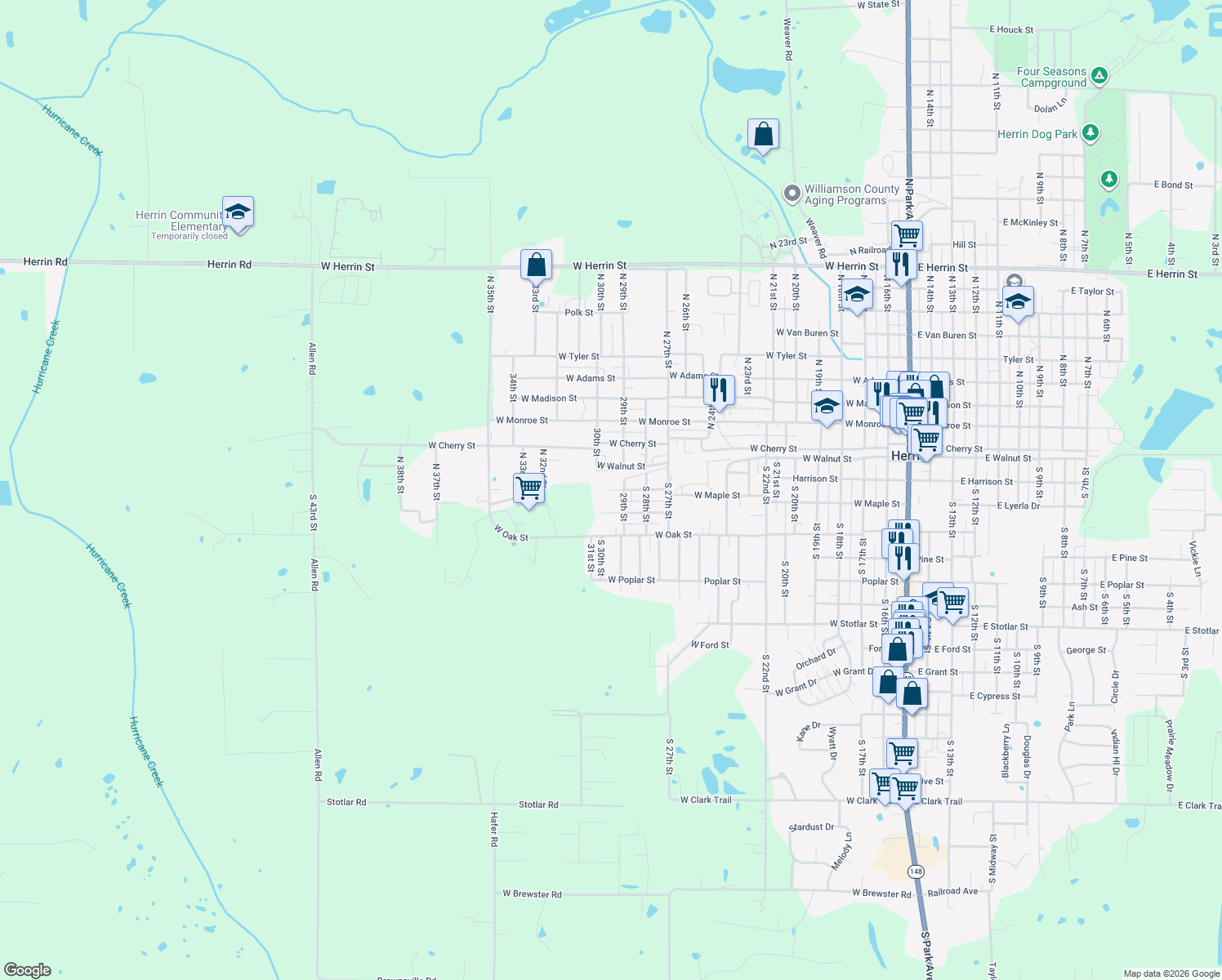 map of restaurants, bars, coffee shops, grocery stores, and more near 1518 W Harrison St in Herrin
