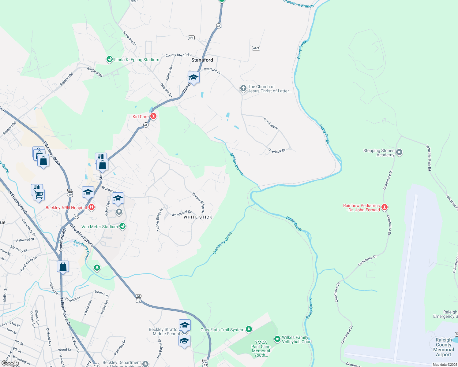 map of restaurants, bars, coffee shops, grocery stores, and more near 202 East Bunting Lane in Beckley