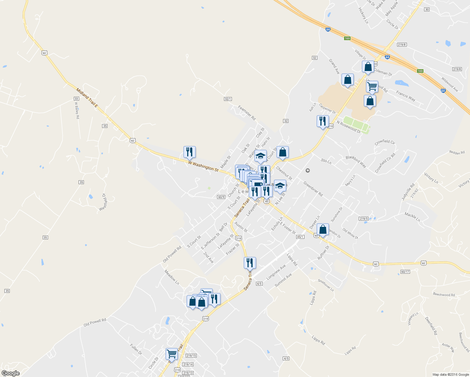 map of restaurants, bars, coffee shops, grocery stores, and more near Church St & W Foster St in Lewisburg