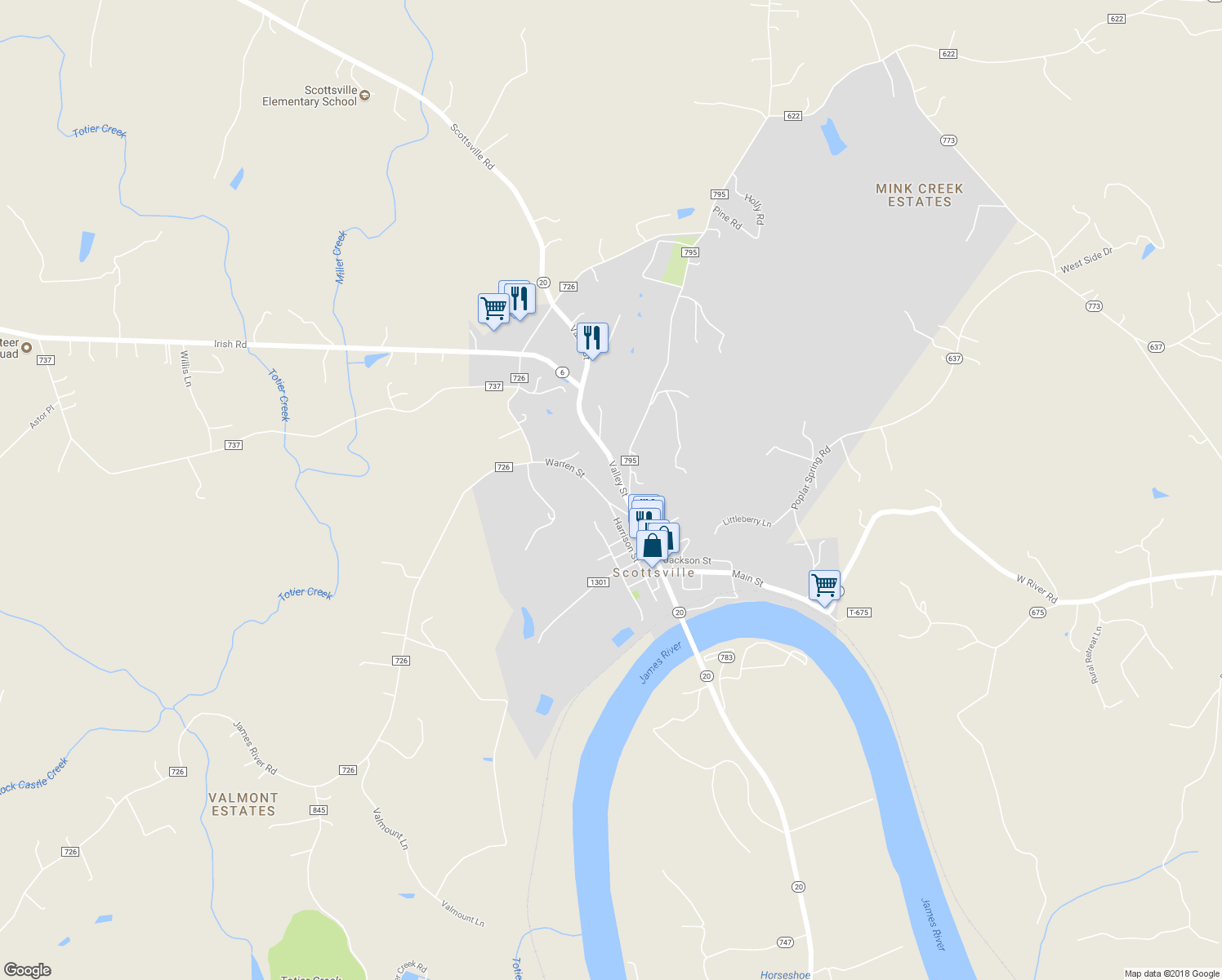 map of restaurants, bars, coffee shops, grocery stores, and more near 220 Warren St in Scottsville