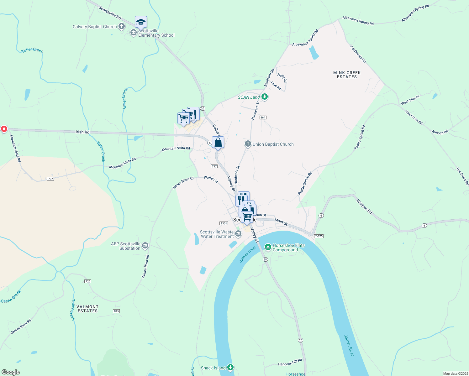 map of restaurants, bars, coffee shops, grocery stores, and more near 140 Hardware Street in Scottsville