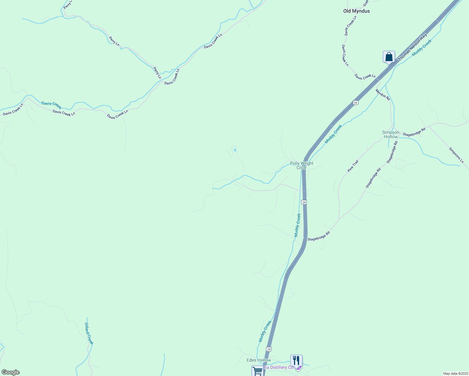 map of restaurants, bars, coffee shops, grocery stores, and more near 541 Ponton Lane in Lovingston