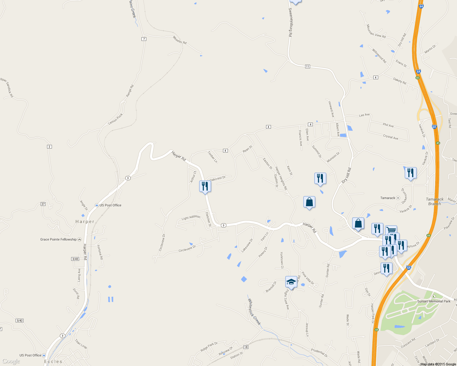 map of restaurants, bars, coffee shops, grocery stores, and more near 341 Ryan St in Beckley