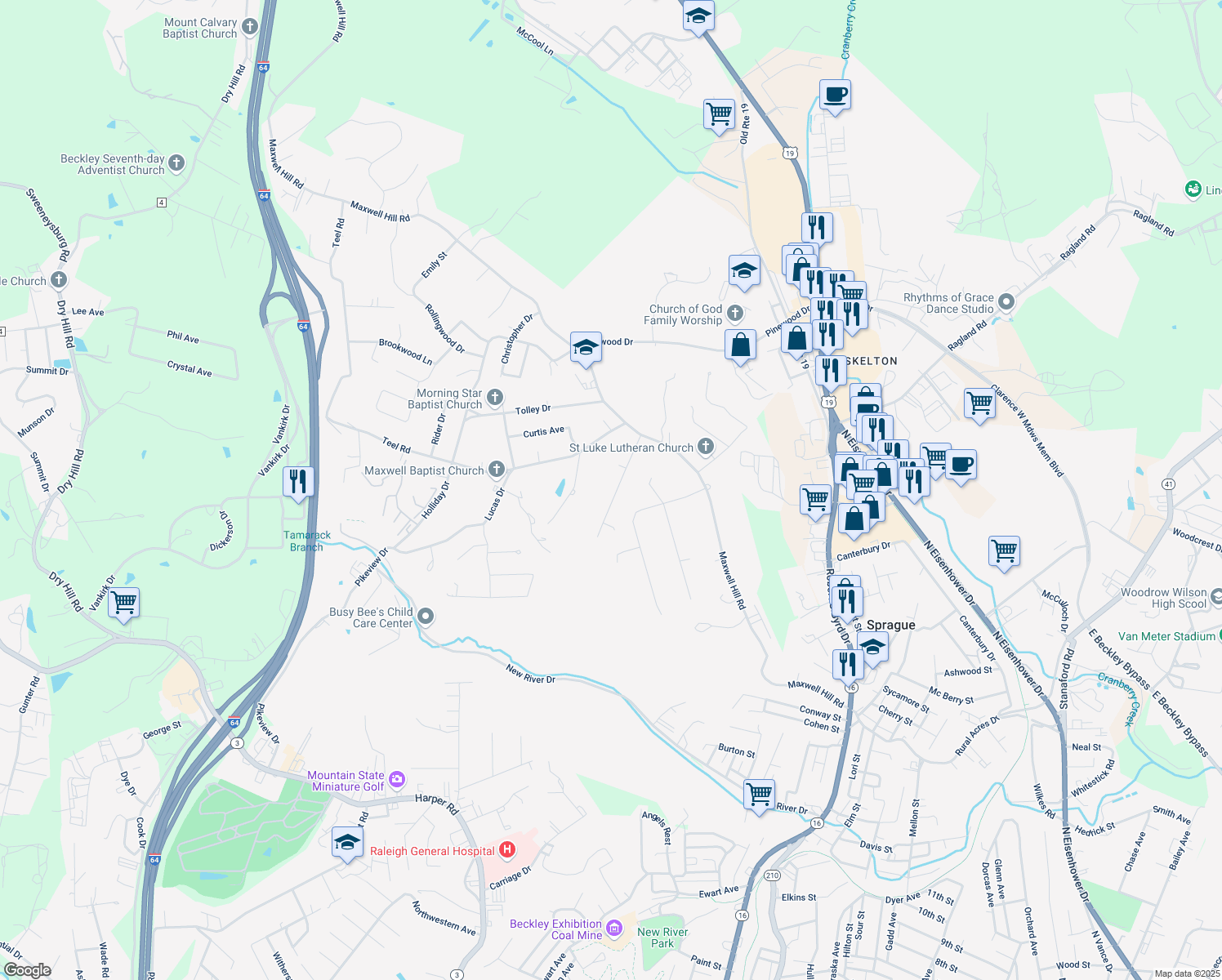 map of restaurants, bars, coffee shops, grocery stores, and more near 122 N Forrest Rd in Beckley