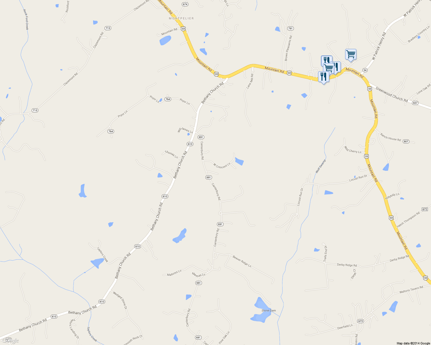map of restaurants, bars, coffee shops, grocery stores, and more near 14386 Canterbury Road in Montpelier