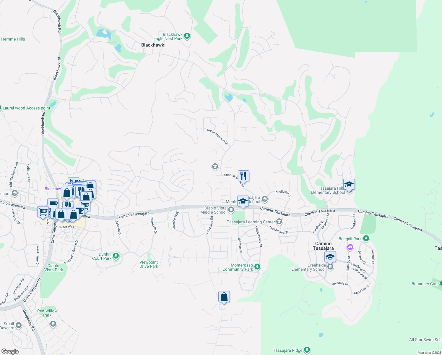 map of restaurants, bars, coffee shops, grocery stores, and more near 3476 Shadow Creek Drive in Danville
