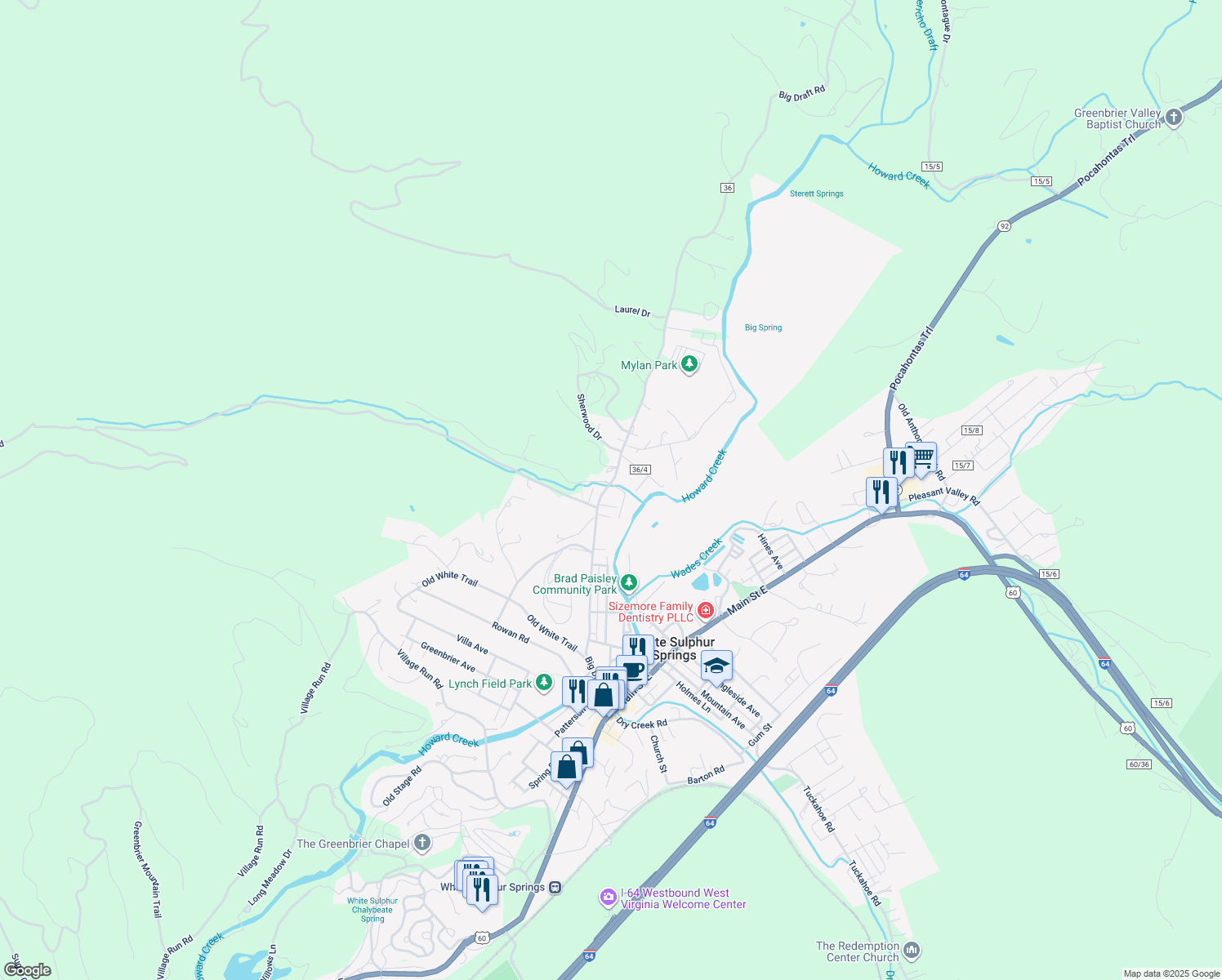 map of restaurants, bars, coffee shops, grocery stores, and more near 774 Big Draft Rd in White Sulphur Springs
