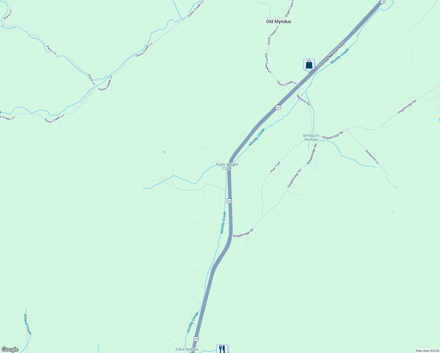 map of restaurants, bars, coffee shops, grocery stores, and more near 184 Ponton Lane in Lovingston