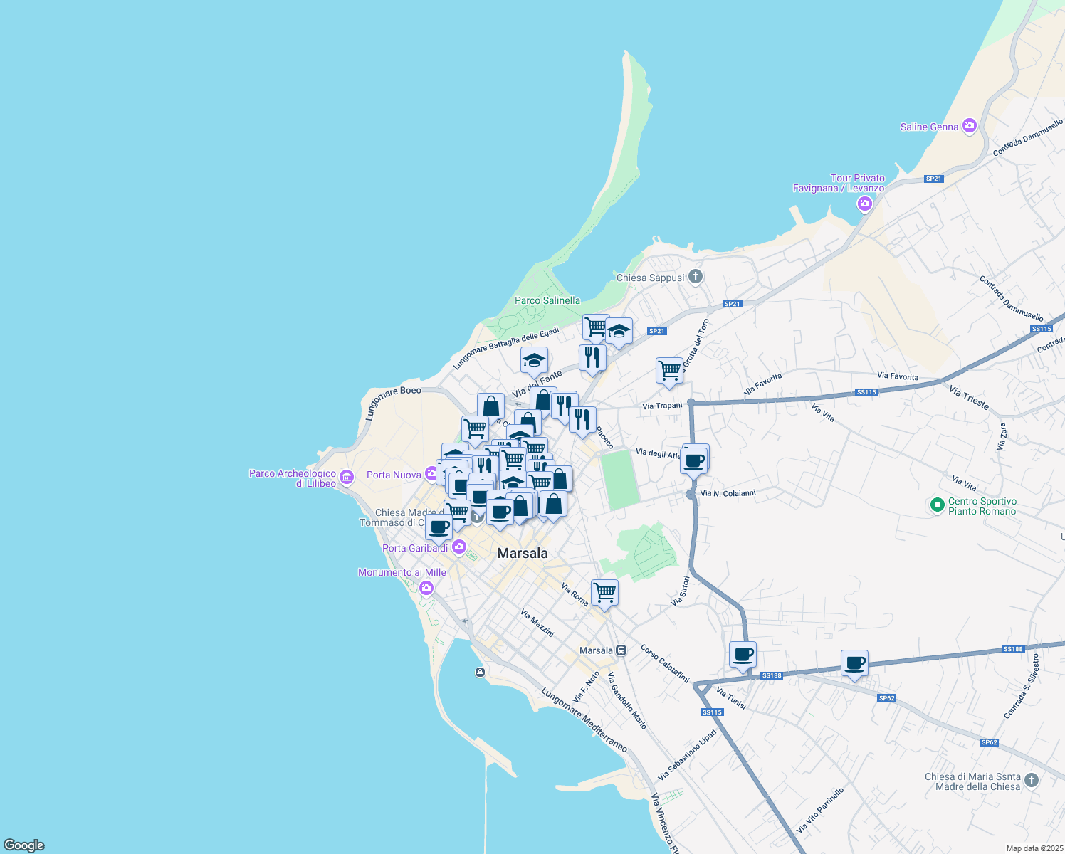 map of restaurants, bars, coffee shops, grocery stores, and more near 1 Piazza Paolo Borsellino in Marsala