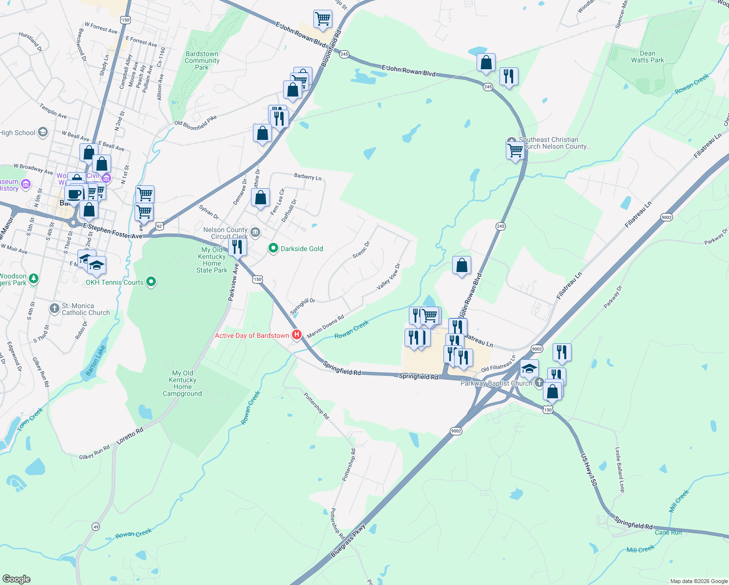 map of restaurants, bars, coffee shops, grocery stores, and more near 113 Valleyview Dr in Bardstown
